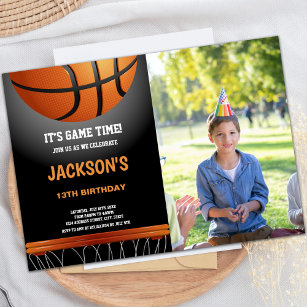 Black Orange Basketball Anniversaire Invitations p