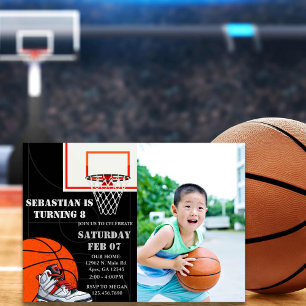 Black Orange Basketball Photo Invitations Annivers