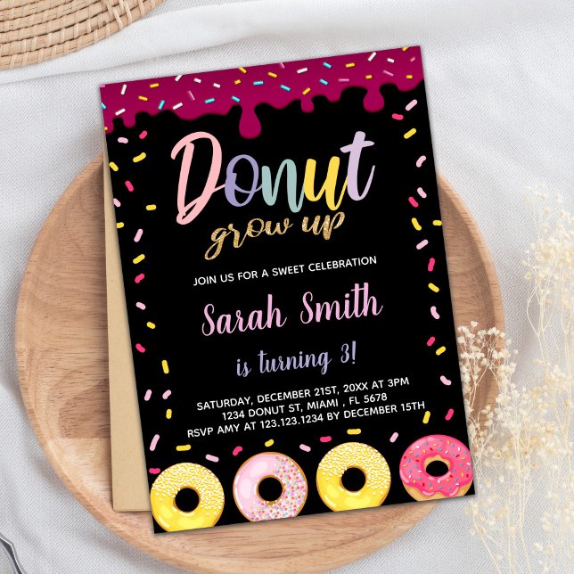 Black Pastil Color Donut Invitations d'anniversair (Black Pastil Color Donut Birthday Invitations)