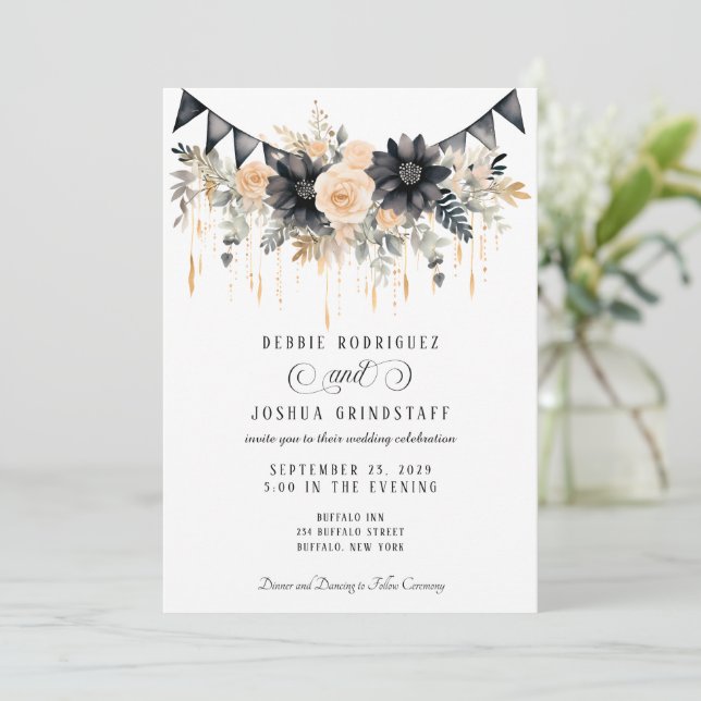Black & Peach Floral Wedding Invitation  (Debout devant)