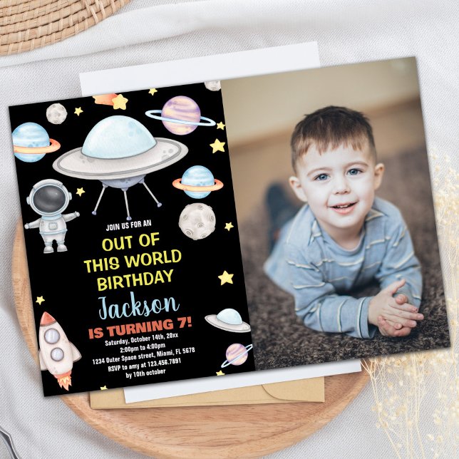 Black Photo Espace Extérieur Invitations Anniversa (Black Photo Outer Space Birthday Invitations)