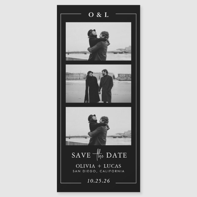 Black Photo Strip Monogram Border Magnetic Wedding (Devant)