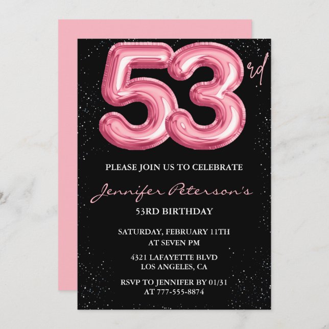 Black Pink 53e anniversaire invitations Balloon Gl (Devant / Derrière)