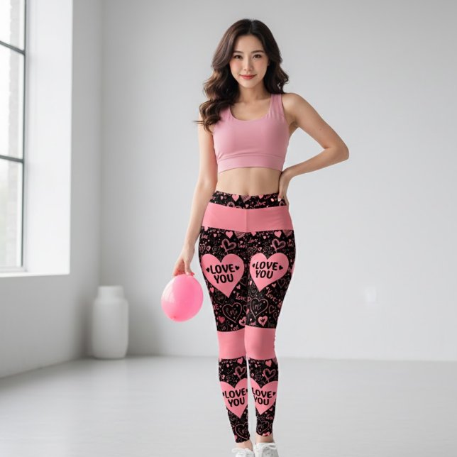 Black & Pink 'JE T'AIME' Leggings Graphiques (Créateur téléchargé)
