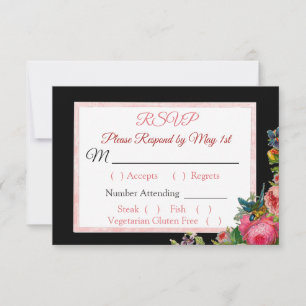 Black PInk Roses Floral Grattée Mariage RSVP carte