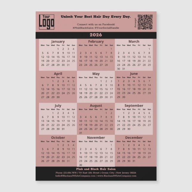 Black Pink Salon Logo QR-code 2026 Calendar Magnet (Devant)