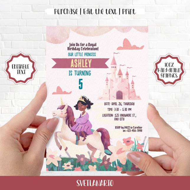 Black Princess Riding Unicorn Party Invitation (Créateur téléchargé)