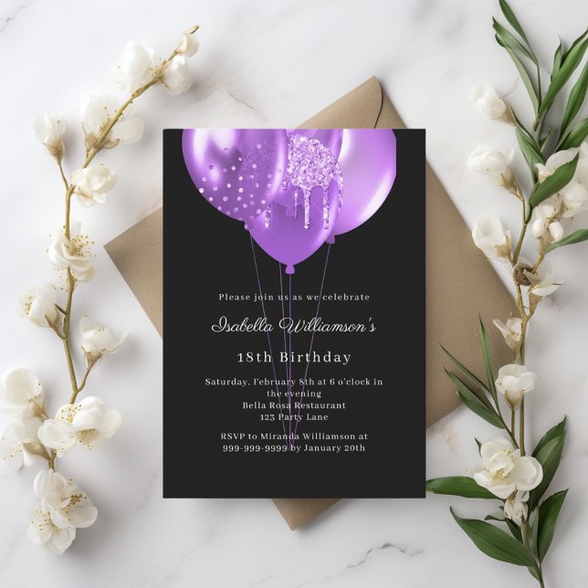Black purple balloons birthday invitation (Créateur téléchargé)