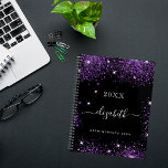 Black purple glitter dust name script 2023<br><div class="desc">Black background, white text. Decorated with purple faux glitter dust. Personalize and add a year, your first name and a title. The name is written with a modern hand lettered style script with swashes. To keep the swashes only delete the sample name, leave the spaces or emoji's in front and...</div>