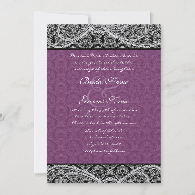 Black Purple Paisley Mariage damassé Invitation (Devant)