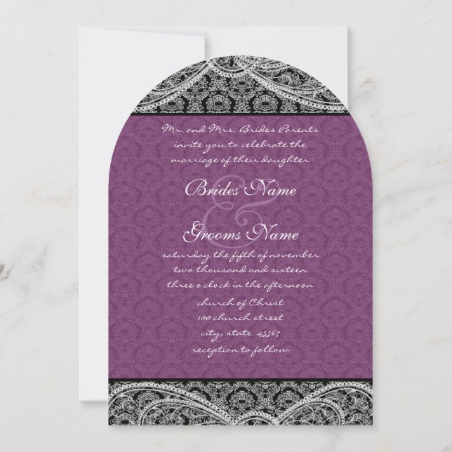 Black Purple Paisley Mariage damassé Invitation (Dos)