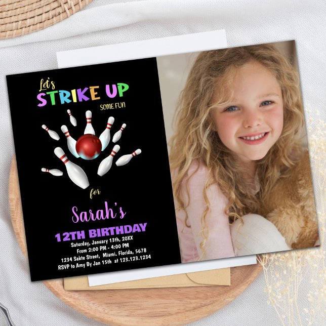 Black Purple Photo Bowling Anniversaire Invitation (Black Purple Photo Bowling Birthday Invitations)