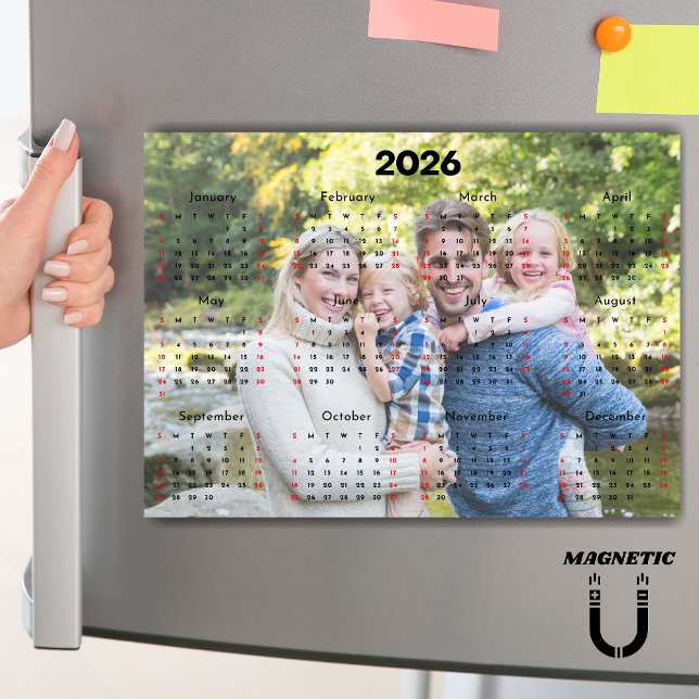 Black & Red 2026 Calendar Custom Photo Magnet (Créateur téléchargé)