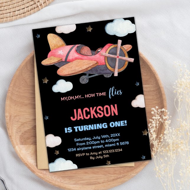 Black Red Avion Brown Invitations d'anniversaire (Black Red Brown Airplane Birthday Invitations)