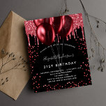 Black red balloons budget invitation<br><div class="desc">For an elegant 21st (or any age) birthday.  A stylish black background. Decorated with red faux glitter and balloons.  Personalize and add a name,  age and party details. The name is written with a hand lettered style script</div>