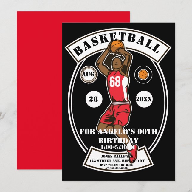 Black Red Basketball Invitations de fête d'anniver (Devant / Derrière)