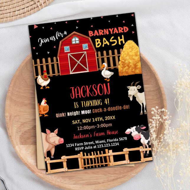 Black Red Farm Animaux Invitations Anniversaire (Black Red Farm Animals Birthday Invitations)