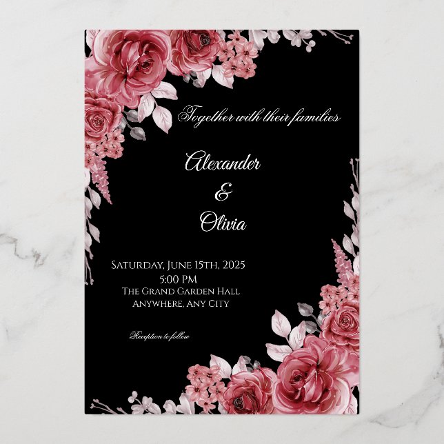 Black & Red Floral Wedding Invitation | Elegant Ro (Recto)