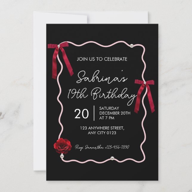 Black Red Modern Coquette 19th Birthday Invitation (Devant)