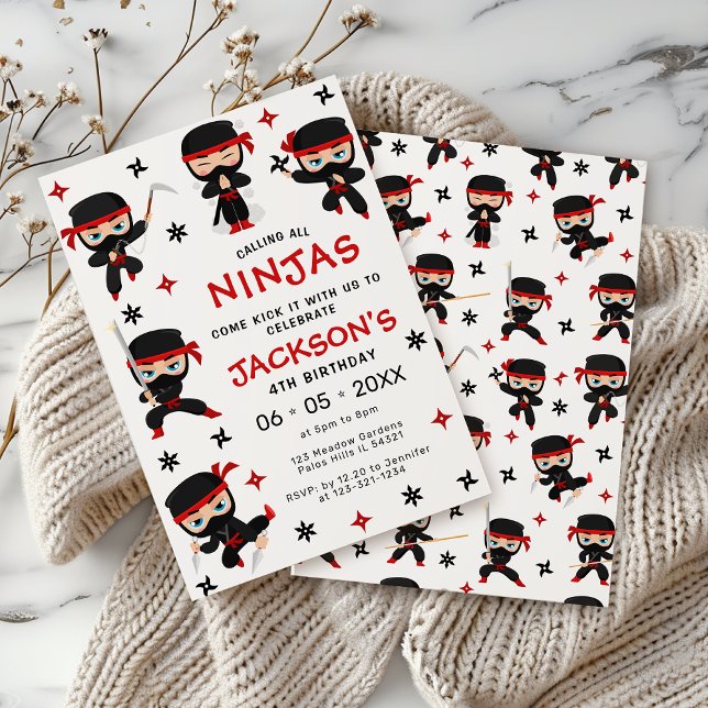 Black Red Ninja Guerrier Anniversaire Invitation g (Créateur téléchargé)