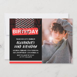 Black Red Photo 22e anniversaire invitations Homme