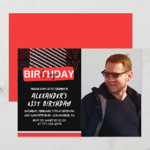 Black Red Photo 61e anniversaire invitations Homme
