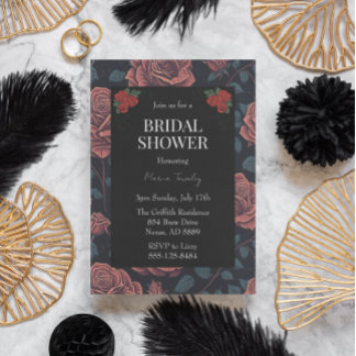 Black Red Roses Floral Bridal Douche Invitation