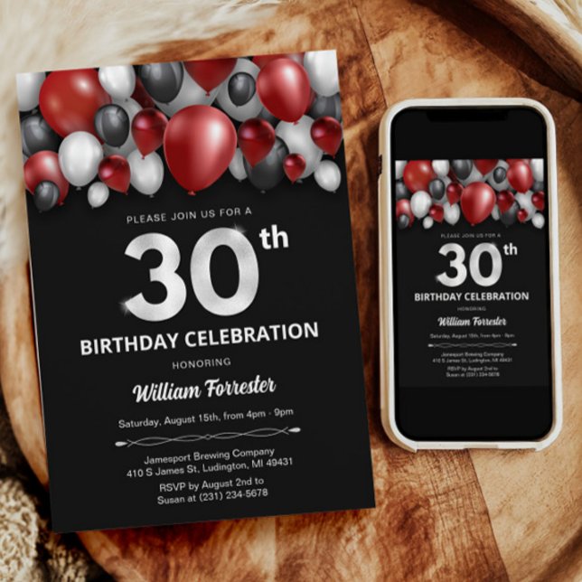 Black Red Silver & White 30th Birthday Invitation (Black Red Silver & White 30th Birthday Invitation)