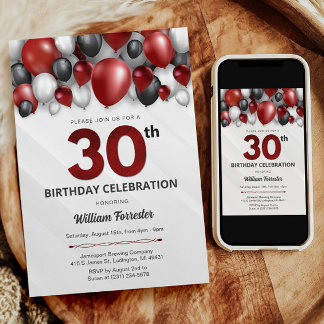 Black Red Silver & White 30th Birthday Invitation