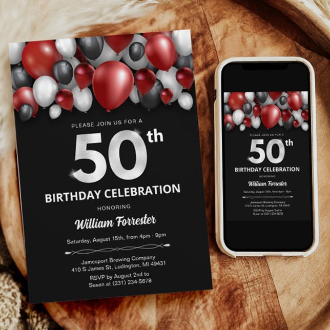 Black Red Silver & White Invitation 50th Birthday (Black Red Silver & White 50th Birthday Invitation)