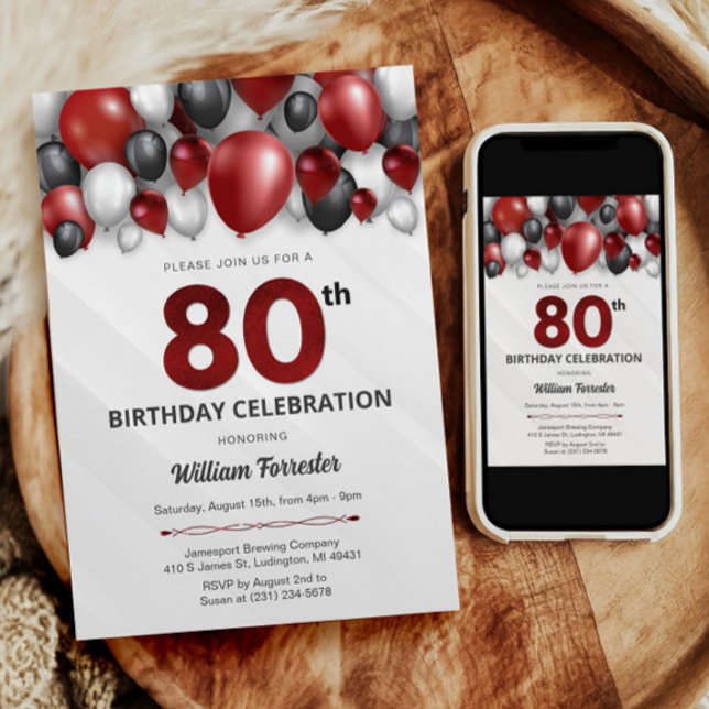 Black Red Silver & White Invitation de 80e anniver (Black Red Silver & White 80th Birthday Invitation)