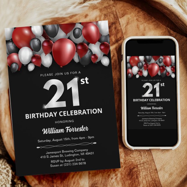 Black Red Silver & White Invitation du 21e anniver (Black Red Silver & White 21st Birthday Invitation)