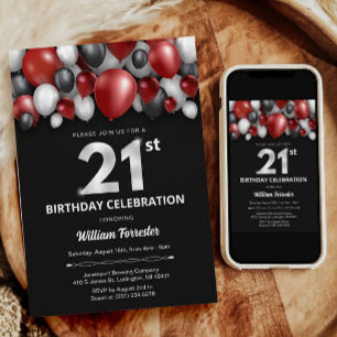 Black Red Silver & White Invitation du 21e anniver