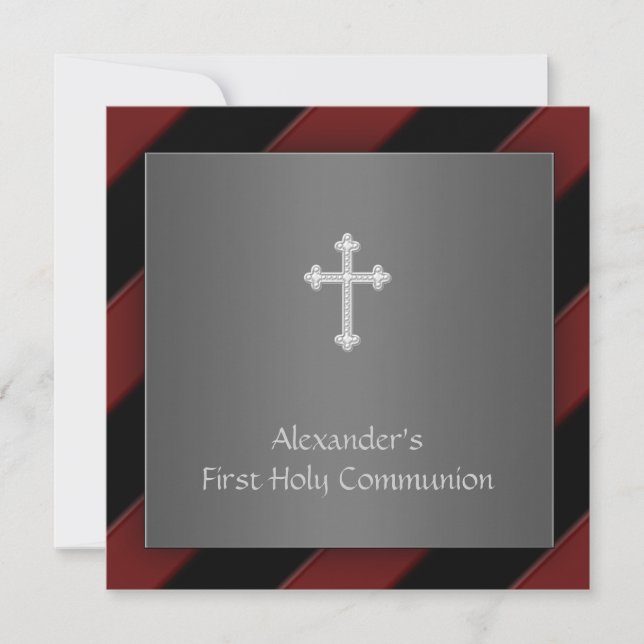 Black Red Stripe Boy First Communion Invitation (Devant)