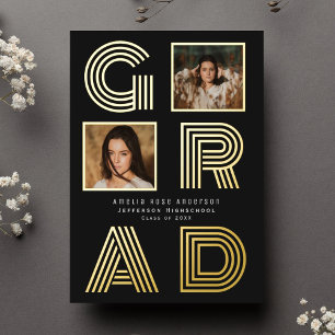 Black Retro Foil Graduation Photo Faire-part