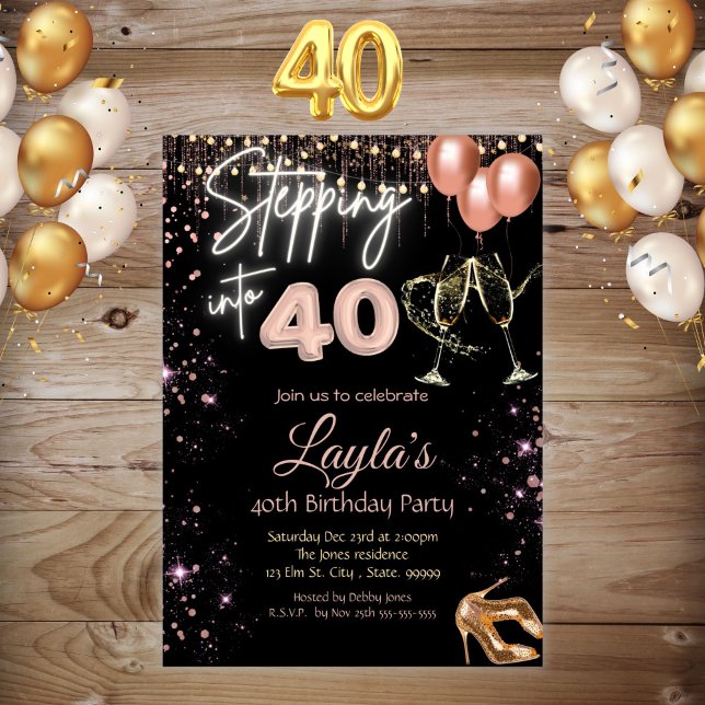 Black Rose Gold 40th Birthday Girl Invitation (Créateur téléchargé)