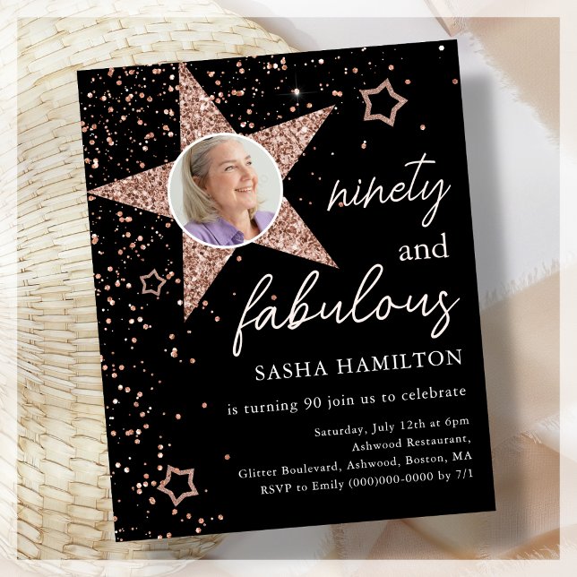 Black & Rose Gold 90e Anniversaire Invitation budg (Créateur téléchargé)