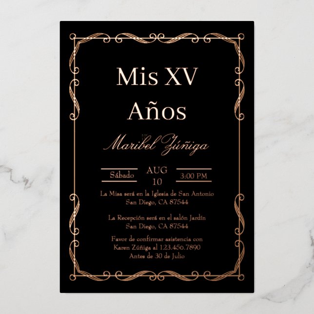 Black Rose Gold frame Quinceanera invitation (Recto)