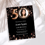 Black rose or photo 50e anniversaire invitation<br><div class="desc">Une invitation photo moderne et design pour une fête du 50e anniversaire. Un arrière - plan noir,  un texte rose en or. Décoré d'étoiles dorées roses. Personnalisez et ajoutez les détails de votre fête. 1 feuille = 1 invite imprimé bord à bord.</div>