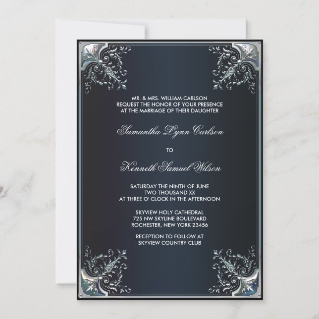 Black Satin Cravate Noir Invitations de mariage (Devant)