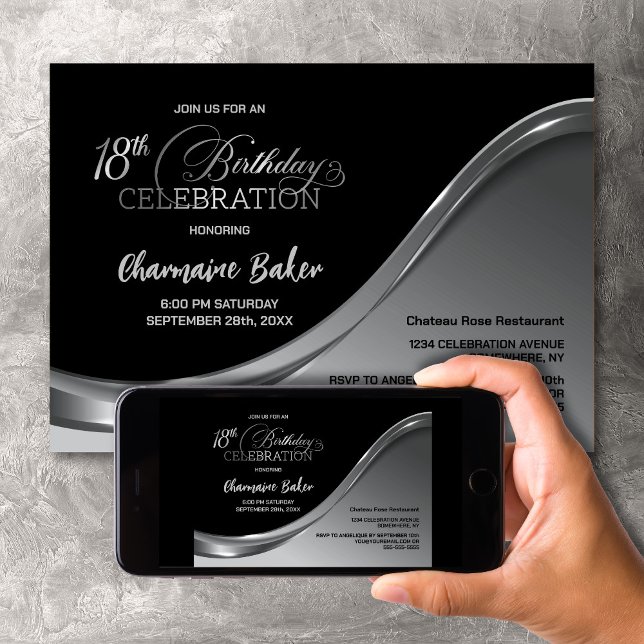 Black Silver 18th Birthday Party Invitation (Créateur téléchargé)