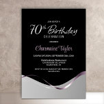 Black Silver 70th Birthday Party Invitation<br><div class="desc">Cette invitation moderne à la fête du 70e anniversaire en noir et argent rayonne d'élégance et de sophistication simples. Son design se décline en noir et argent, séparé par une vague fluide et un ruban rose élégant qui coule d'un côté à l'autre. La zone de texte personnalisable vous permet d'inclure...</div>