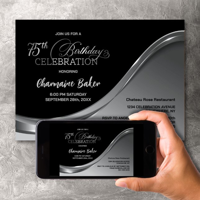 Black Silver 75th Birthday Party Invitation (Créateur téléchargé)