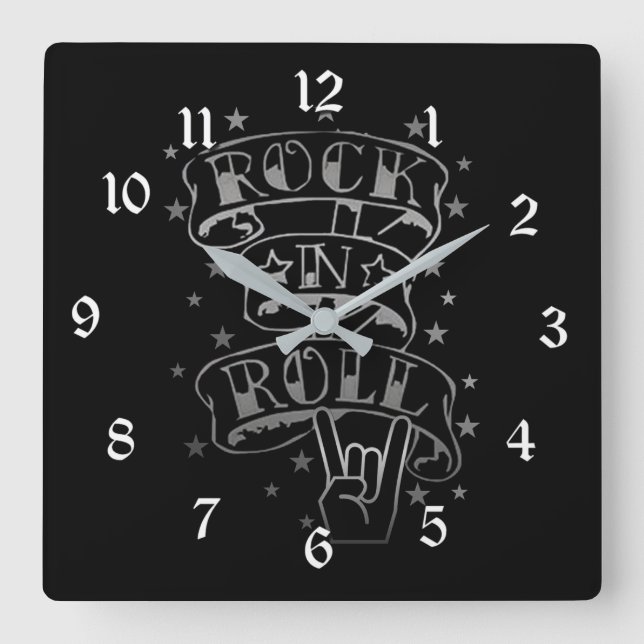 Black & Silver Rock & Roll Logo Carré Horloge mura (Recto)