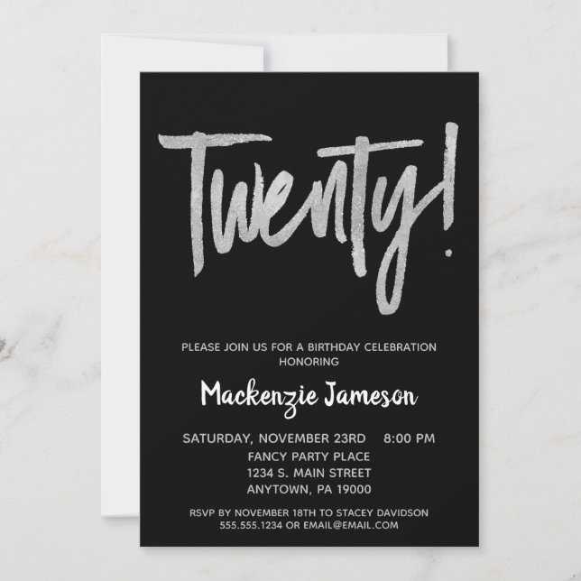 Black Silver Script 20th Birthday Party Invitation (Devant)