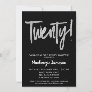 Black Silver Script 20th Birthday Party Invitation