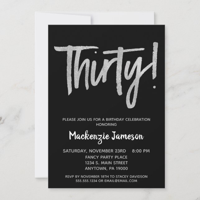 Black Silver Script 30th Birthday Party Invitation (Devant)