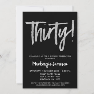 Black Silver Script 30th Birthday Party Invitation