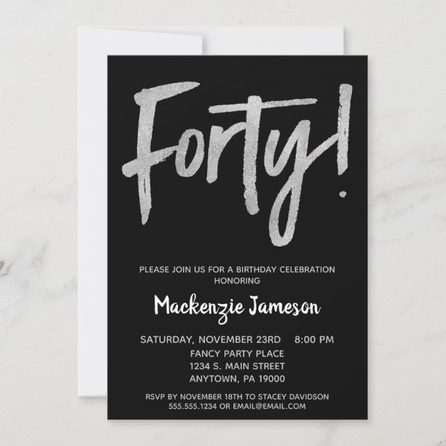 Black Silver Script 40th Birthday Party Invitation (Devant)