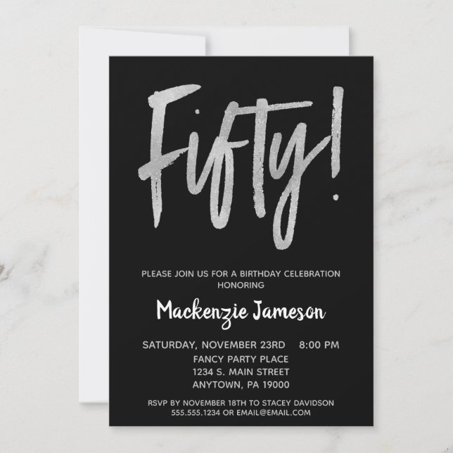Black Silver Script 50th Birthday Party Invitation (Devant)